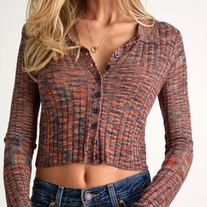 Lulus Avra Rust Multi Space Dye Collared Cardigan Sweater Top - Size M